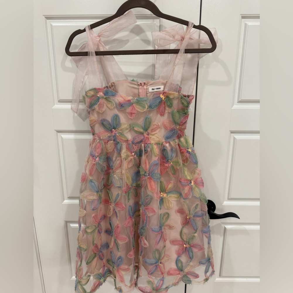 Day + Moon Blush Embroidered Floral Pastel Dress with Bow Straps - Picture 3 of 7